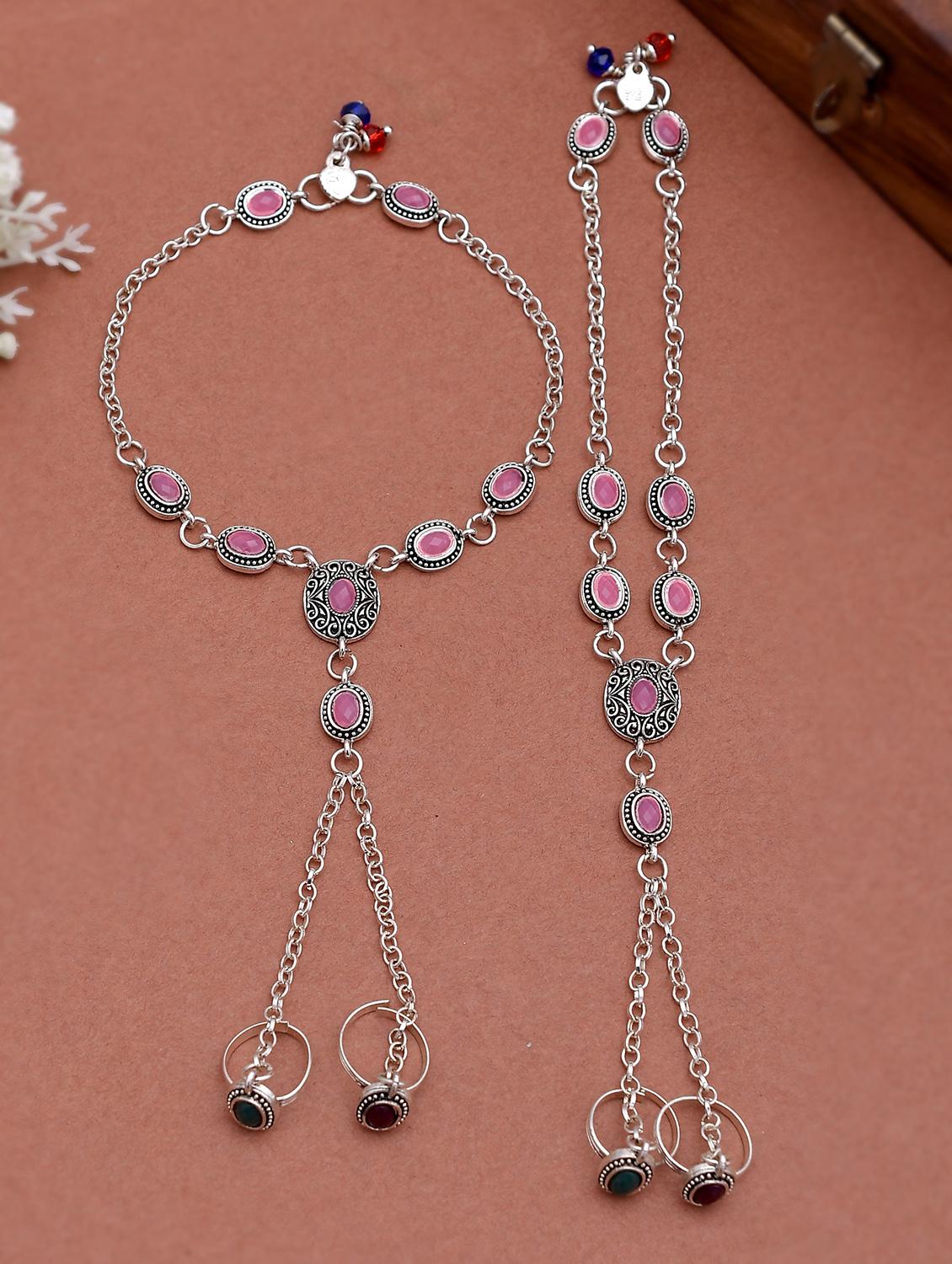 oxidized silver plated anklet with chained double toe ring - 18368935 - Zoom Image - 0