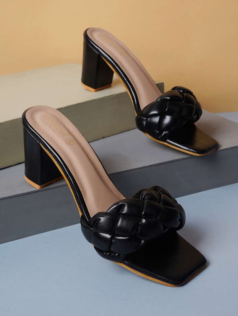 black synthetic slip on sandals