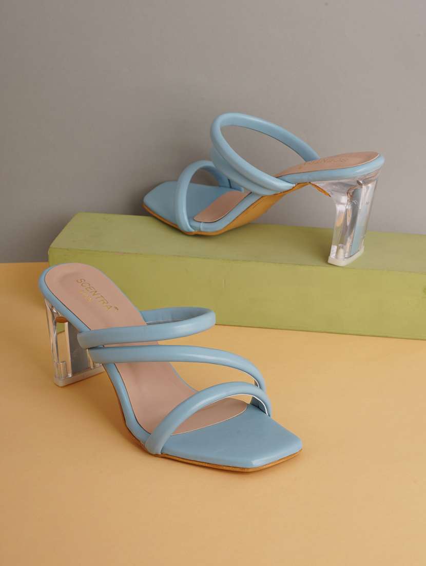 blue synthetic slip on sandals
