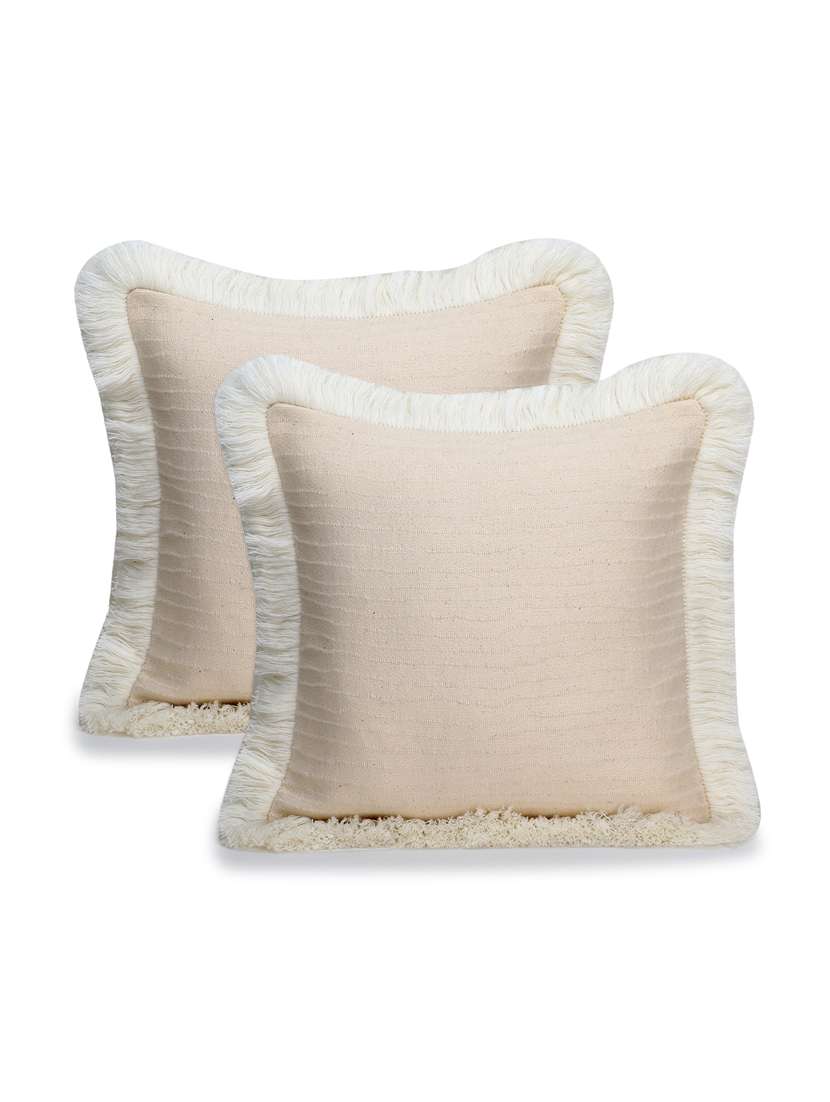 mezposh rasta cream & white cotton handloom self design frayed edges cushion cover (16"x16") (set of 2)