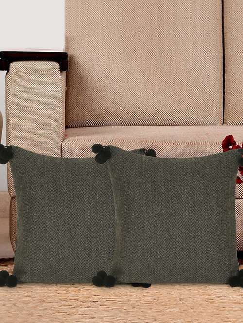 mezposh motley grey wool solid self design pompom cushion cover (16"x16") (set of 2)