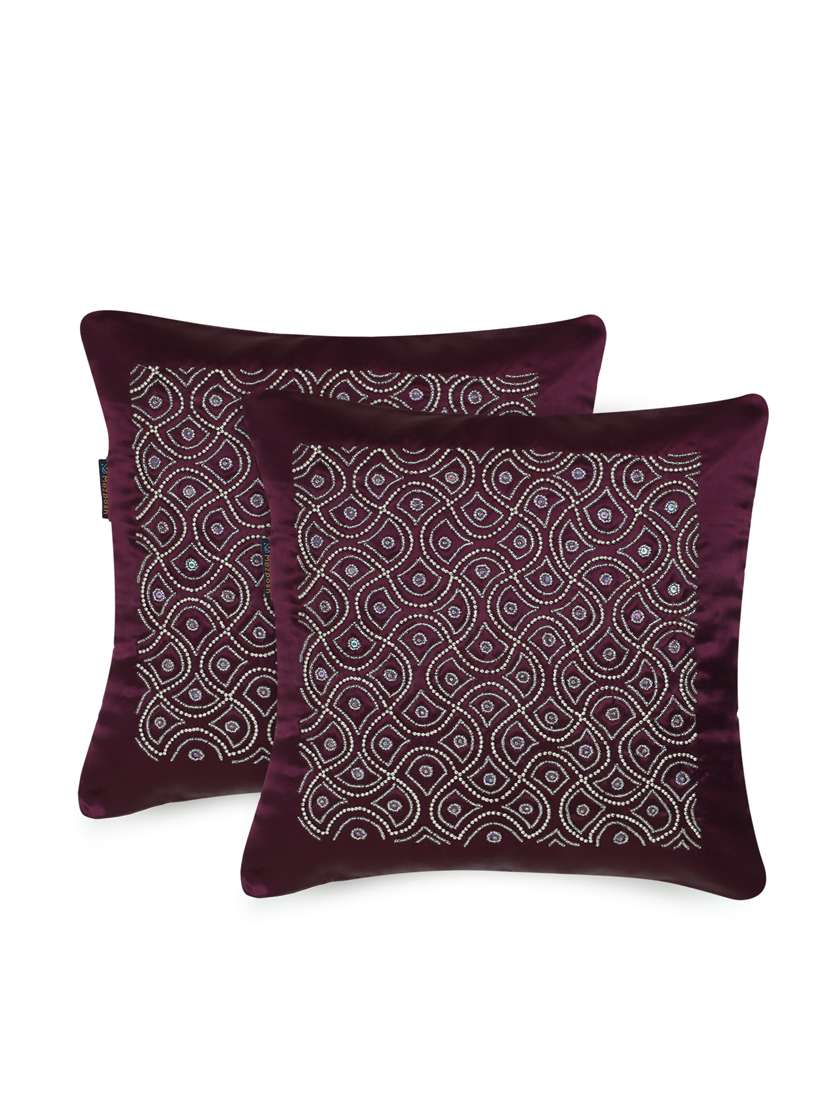 Mezposh Dazzle Purple & Silver Ogee Embellished Satin Cushion Covers (16"X16")  Set Of 2