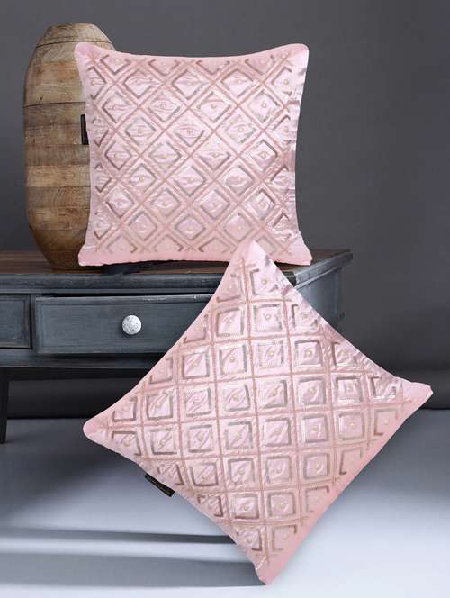 mezposh dazzle baby pink geometric embellished satin cushion covers (14"x14")  set of 2