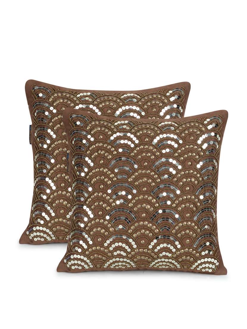 mezposh dazzle camel brown & metallic mosaic embellished suede cushion covers (16"x16")  set of 2