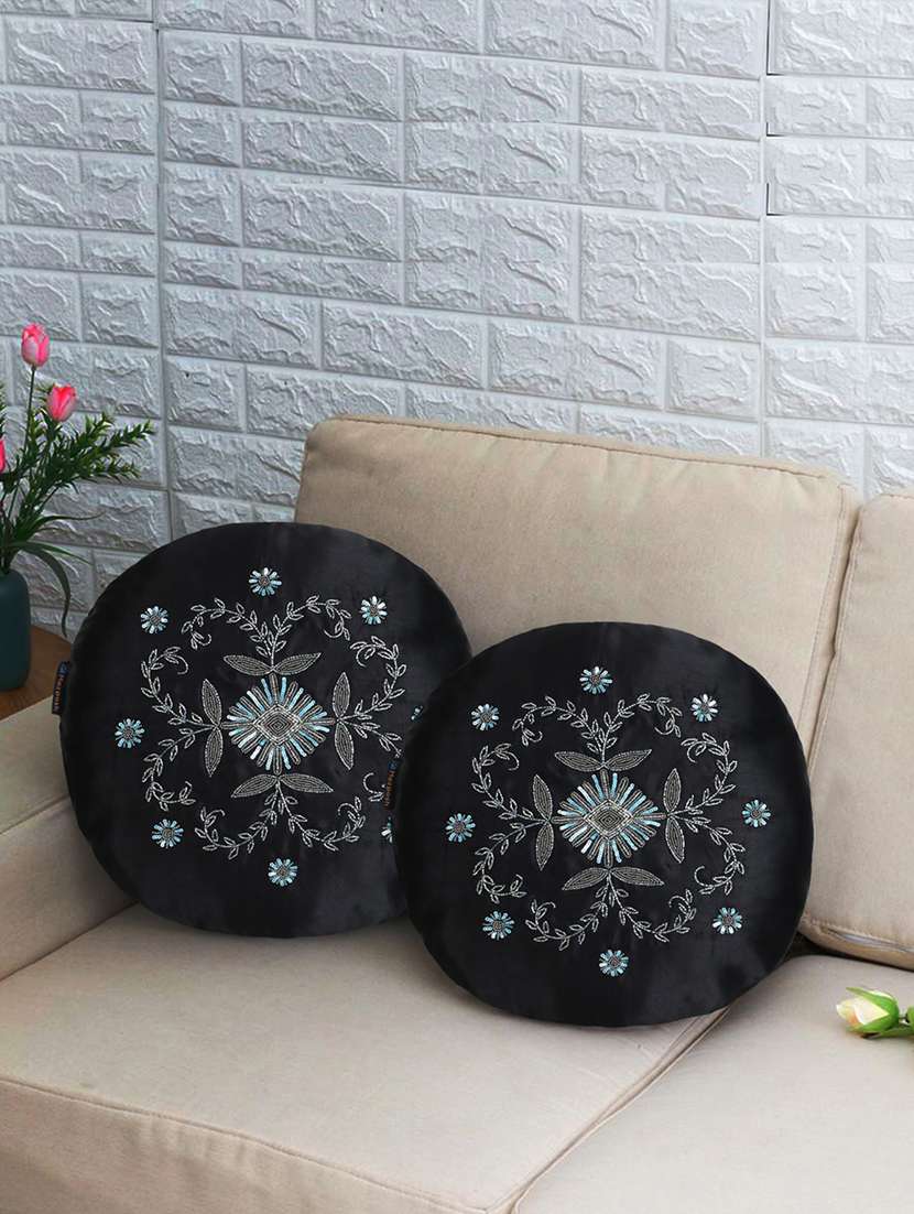 mezposh dazzle black & silver floral mandala embellished satin cushion covers (16")  set of 2