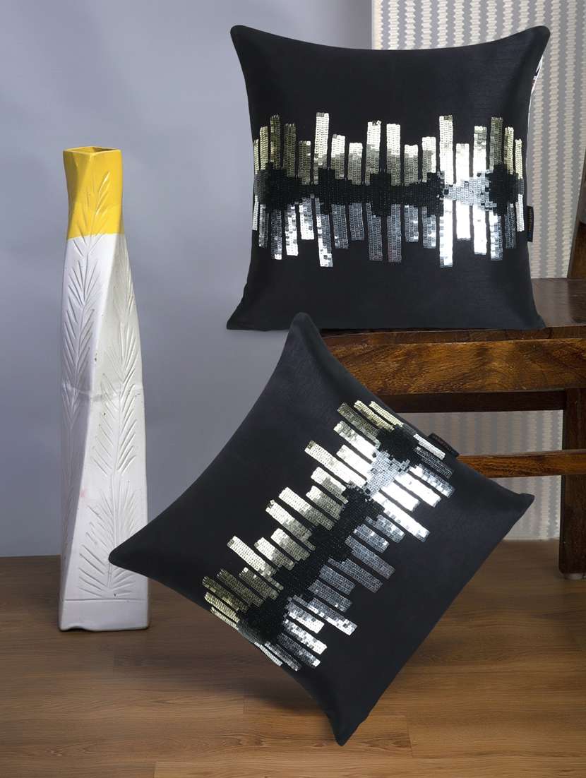 mezposh dazzle black, gold & silver abstract embellished faux silk cushion covers (16"x16")  set of 2