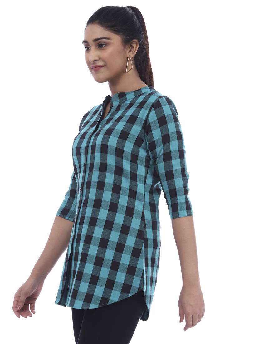 mandarin neck checkered long sleeve shirt