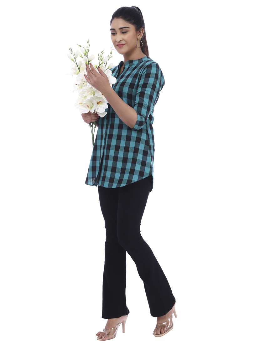 mandarin neck checkered long sleeve shirt - 18369814 - Standard Image - 3