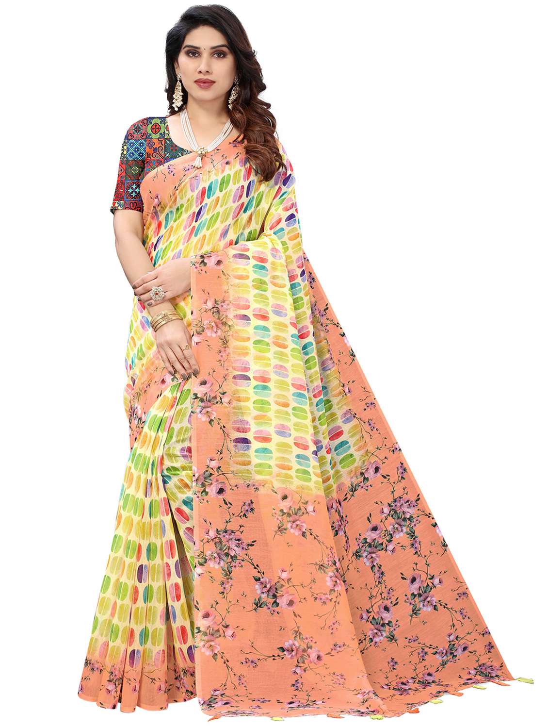 yellow cotton blend printed saree with blouse - 18370271 -  Zoom Image - 0