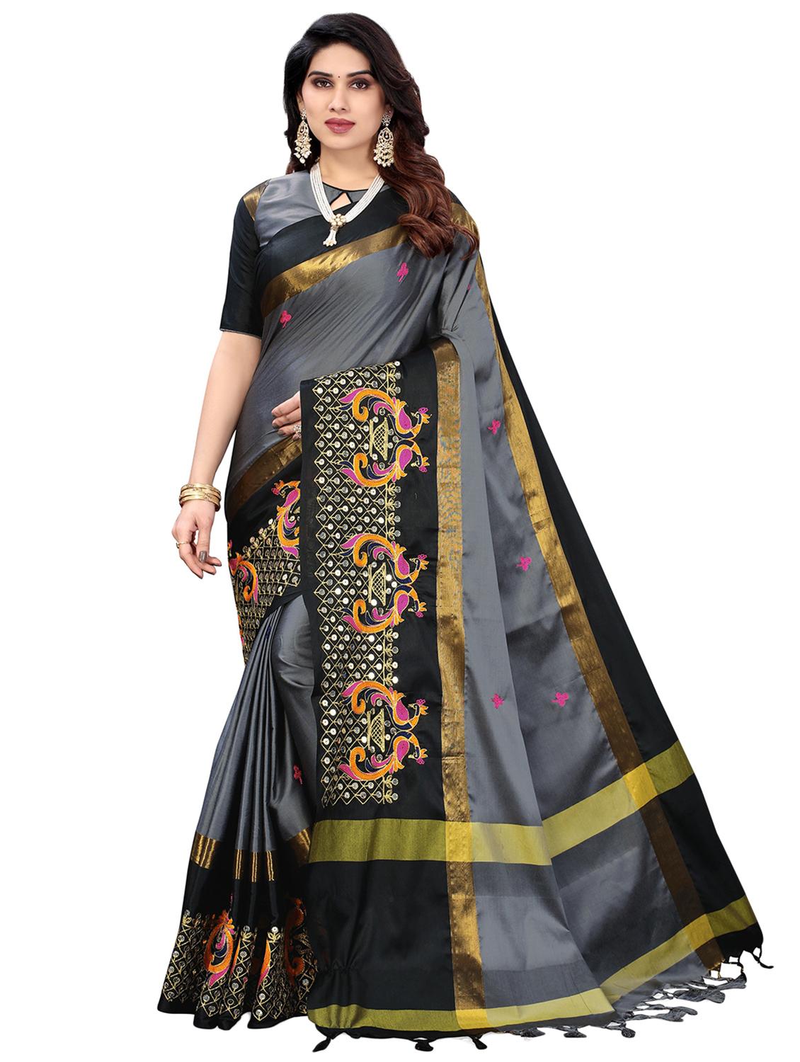 grey cotton silk embroidered saree with blouse - 18370308 - Zoom Image - 0