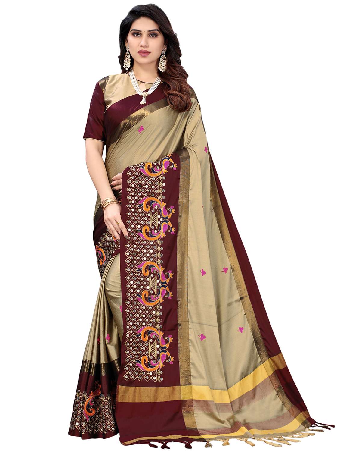 cream cotton silk embroidered saree with blouse - 18370341 - Zoom Image - 0