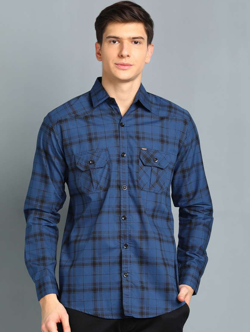 navy-blue checkered casual shirt - 18370673 -  Zoom Image - 0