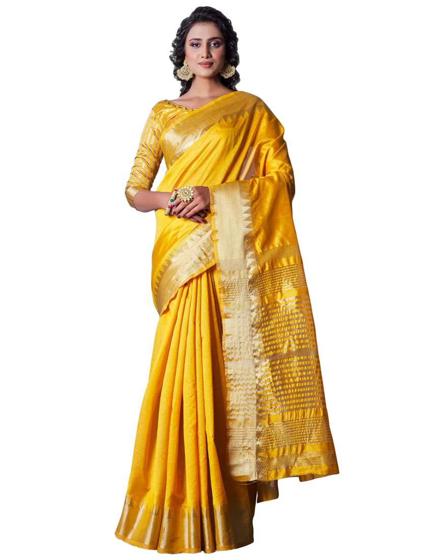 yellow silk blend banarasi saree - 18370975 - Zoom Image - 0