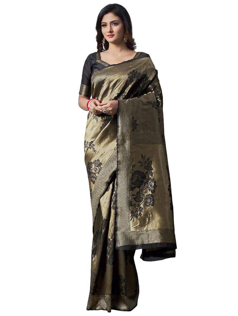 black silk blend banarasi saree with blouse - 18370980 - Zoom Image - 0