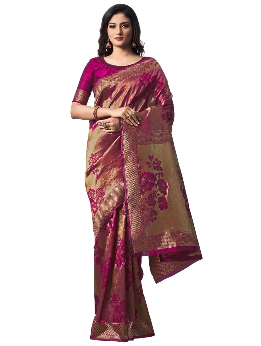 purple silk blend banarasi saree with blouse - 18370981 - Zoom Image - 0