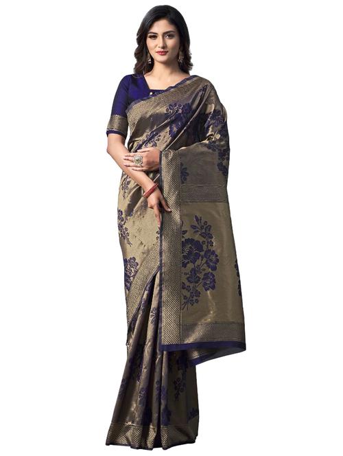 navy silk blend banarasi saree with blouse - 18370982 - Standard Image - 0