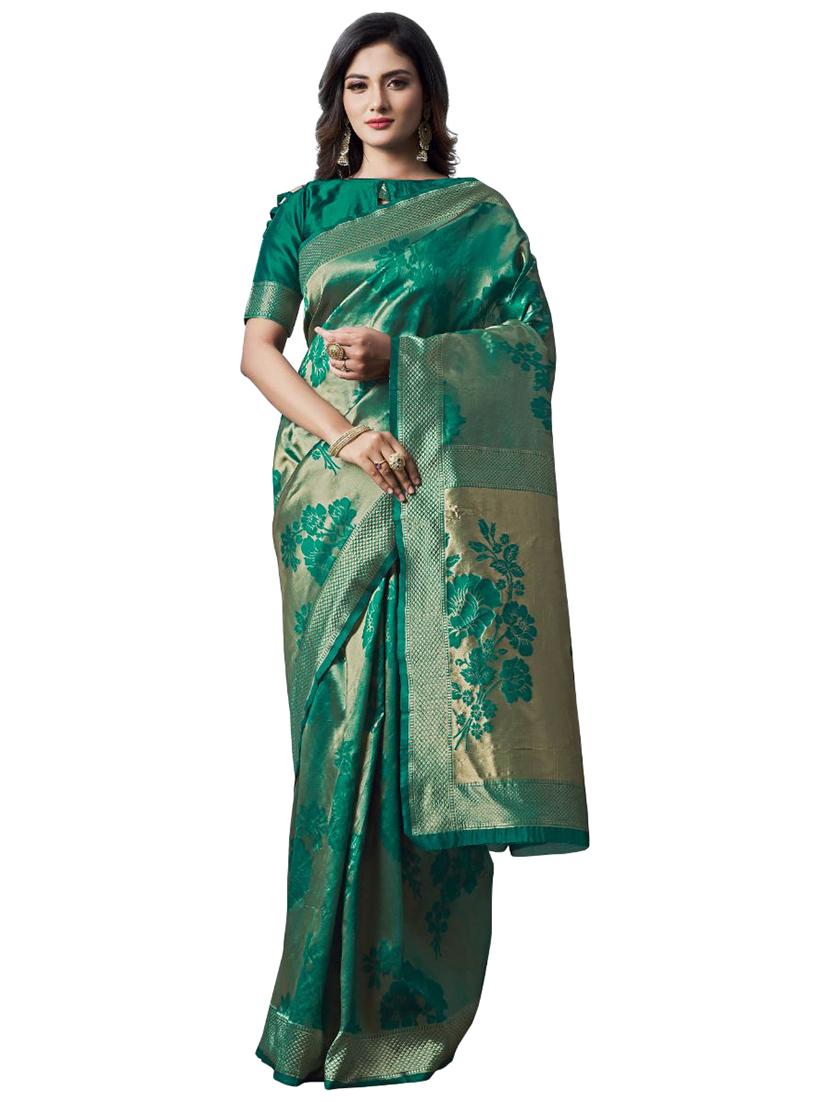 green silk blend banarasi saree with blouse - 18370983 - Zoom Image - 0