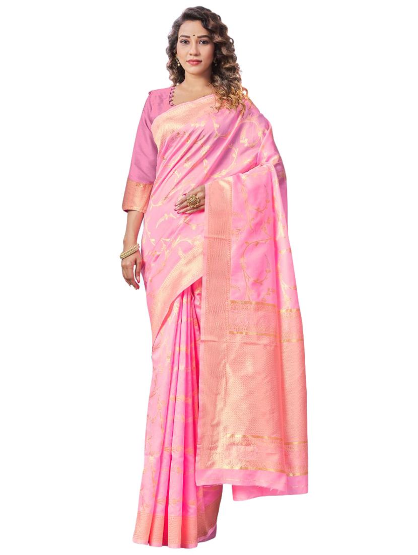 pink silk blend banarasi saree with blouse - 18370989 - Zoom Image - 0