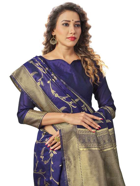 navy silk blend banarasi saree with blouse - 18370991 -  Standard Image - 3
