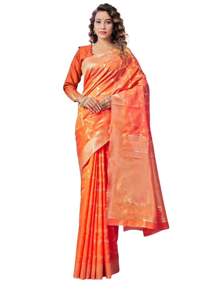 orange silk blend banarasi saree with blouse - 18370992 - Zoom Image - 0