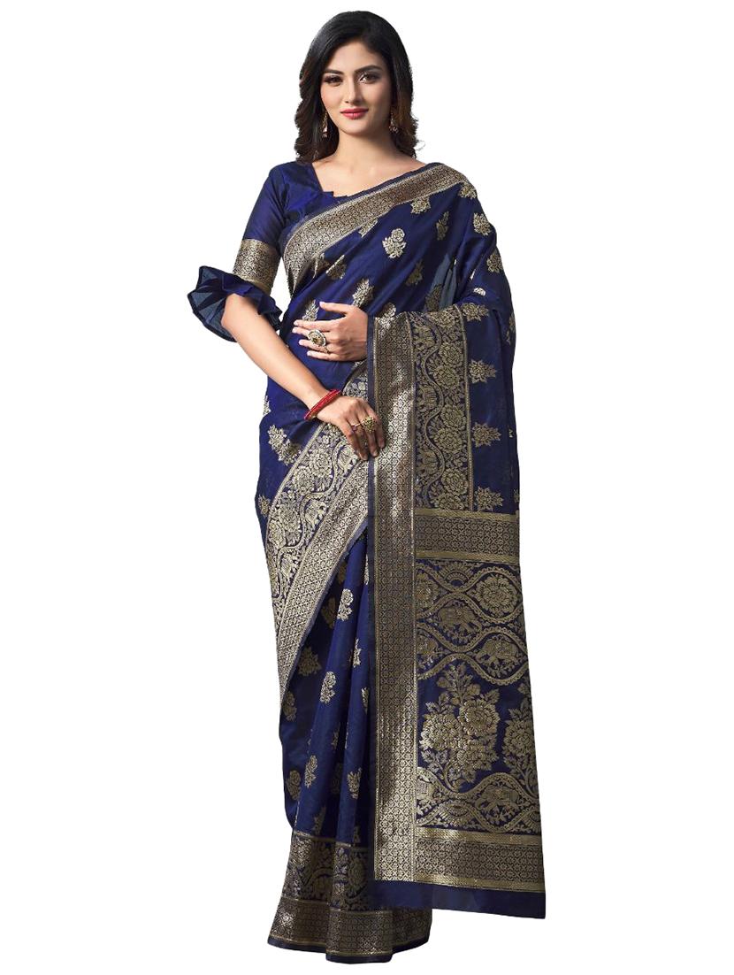 navy silk blend banarasi saree with blouse - 18370994 - Zoom Image - 0
