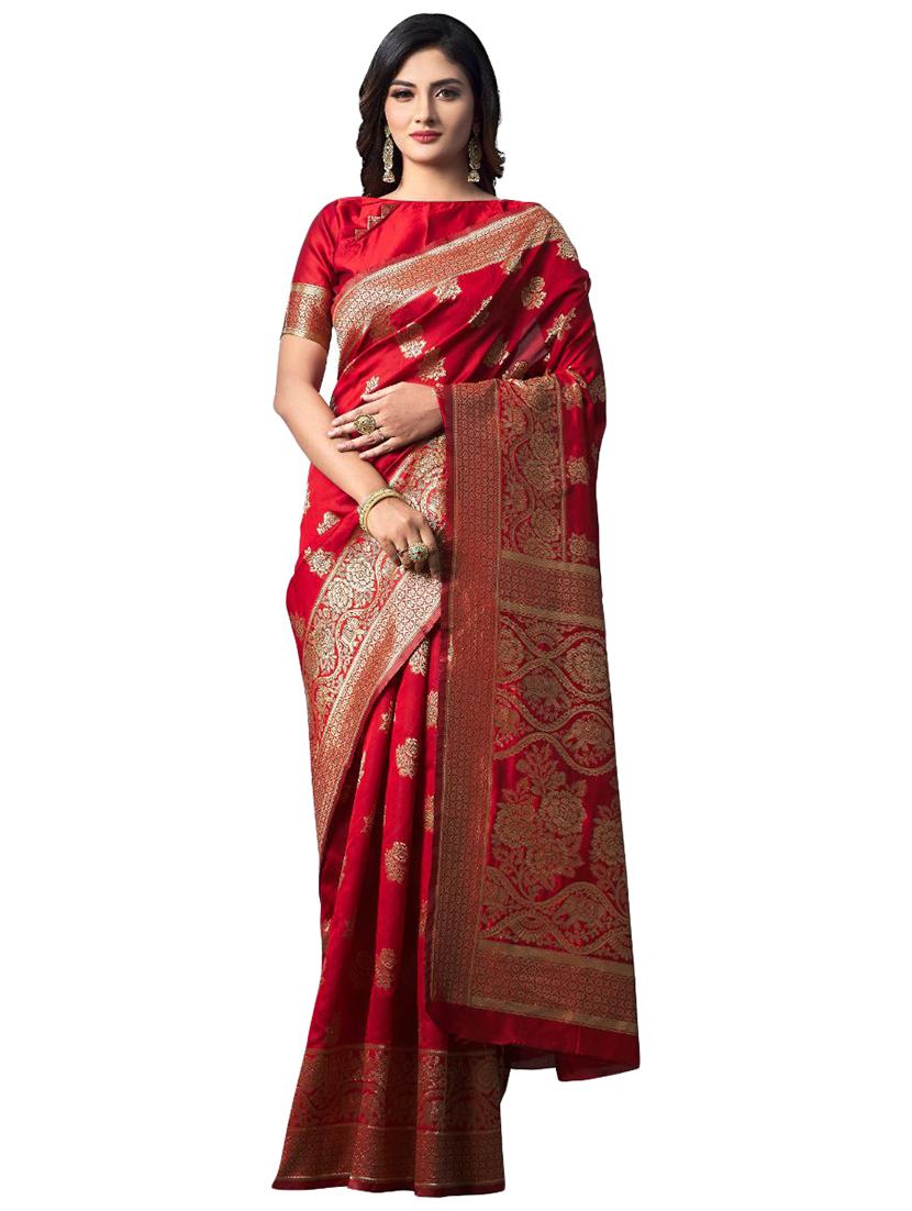 red silk blend banarasi saree with blouse - 18370997 -  Zoom Image - 0