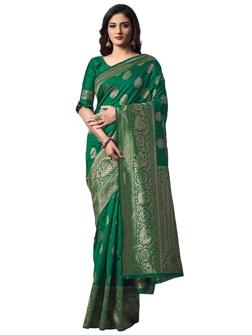 green silk blend banarasi saree with blouse - 18371010 -  Zoom Image - 0