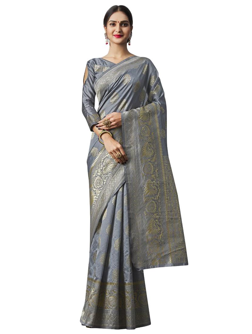 grey silk blend banarasi saree with blouse - 18371011 -  Zoom Image - 0