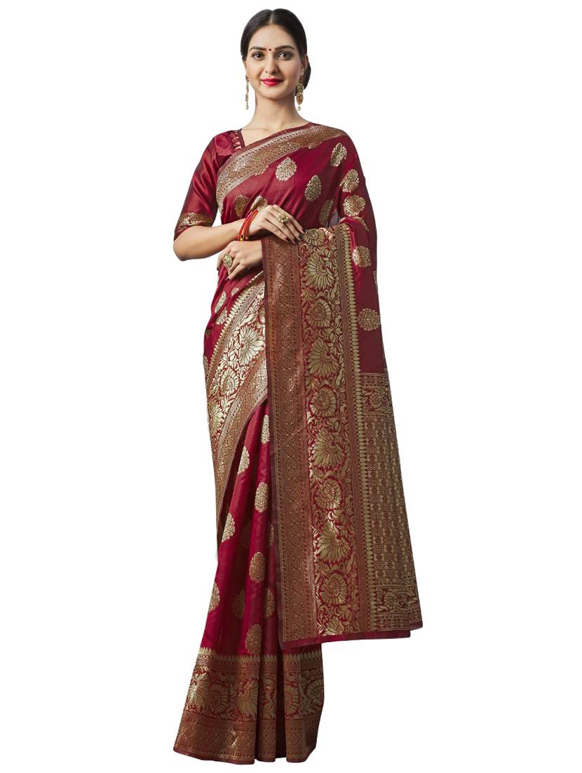 maroon silk blend banarasi saree with blouse - 18371012 - Zoom Image - 0