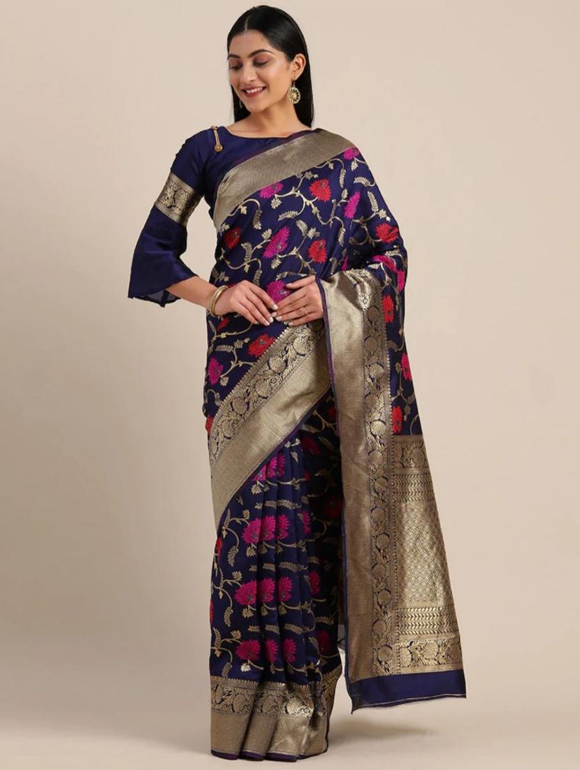 navy silk blend banarasi saree with blouse - 18371018 -  Zoom Image - 0