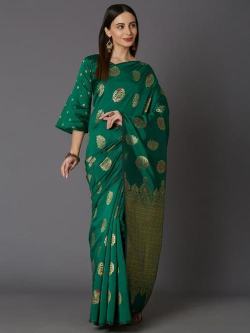 green silk blend banarasi saree with blouse - 18371022 -  Standard Image - 0
