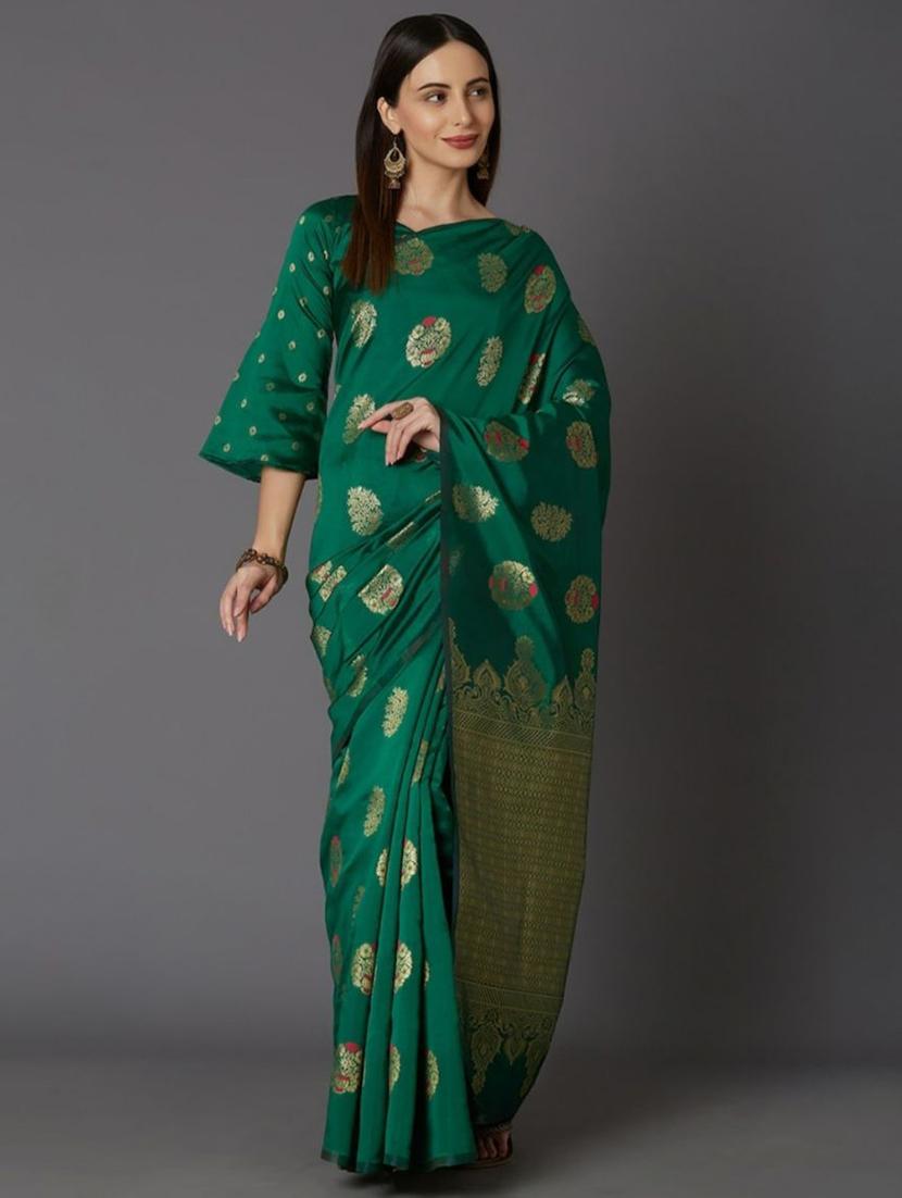 green silk blend banarasi saree with blouse - 18371022 -  Zoom Image - 0