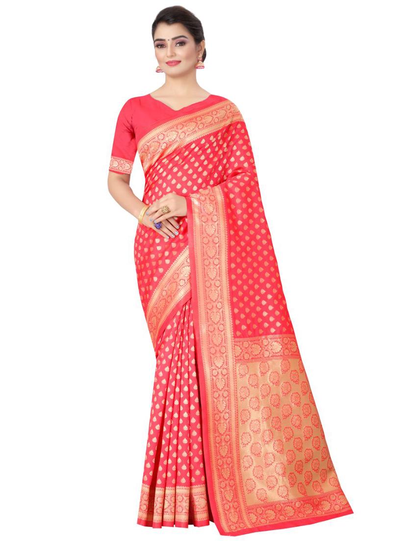 pink silk blend banarasi saree with blouse - 18371025 -  Zoom Image - 0