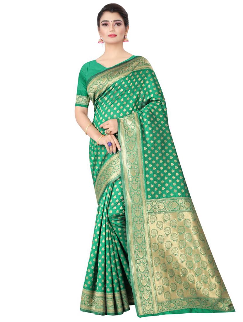 green silk blend banarasi saree with blouse - 18371026 -  Zoom Image - 0