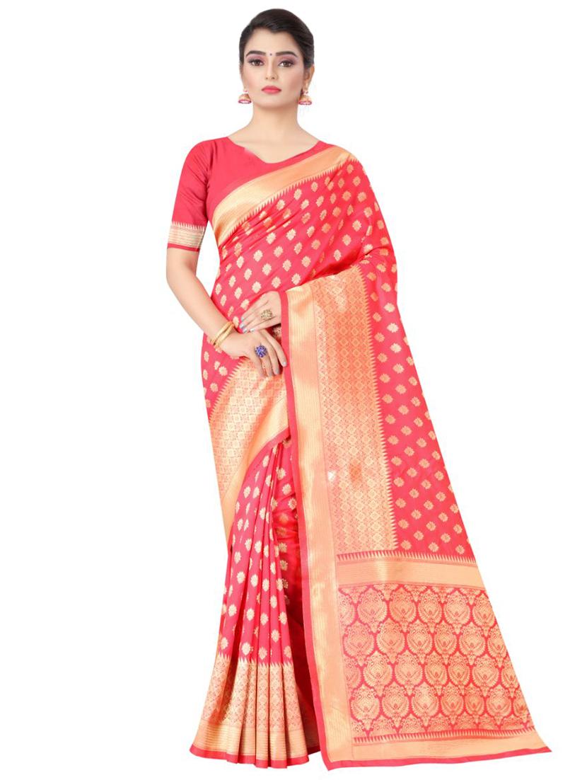 pink silk blend banarasi saree with blouse - 18371030 - Zoom Image - 0