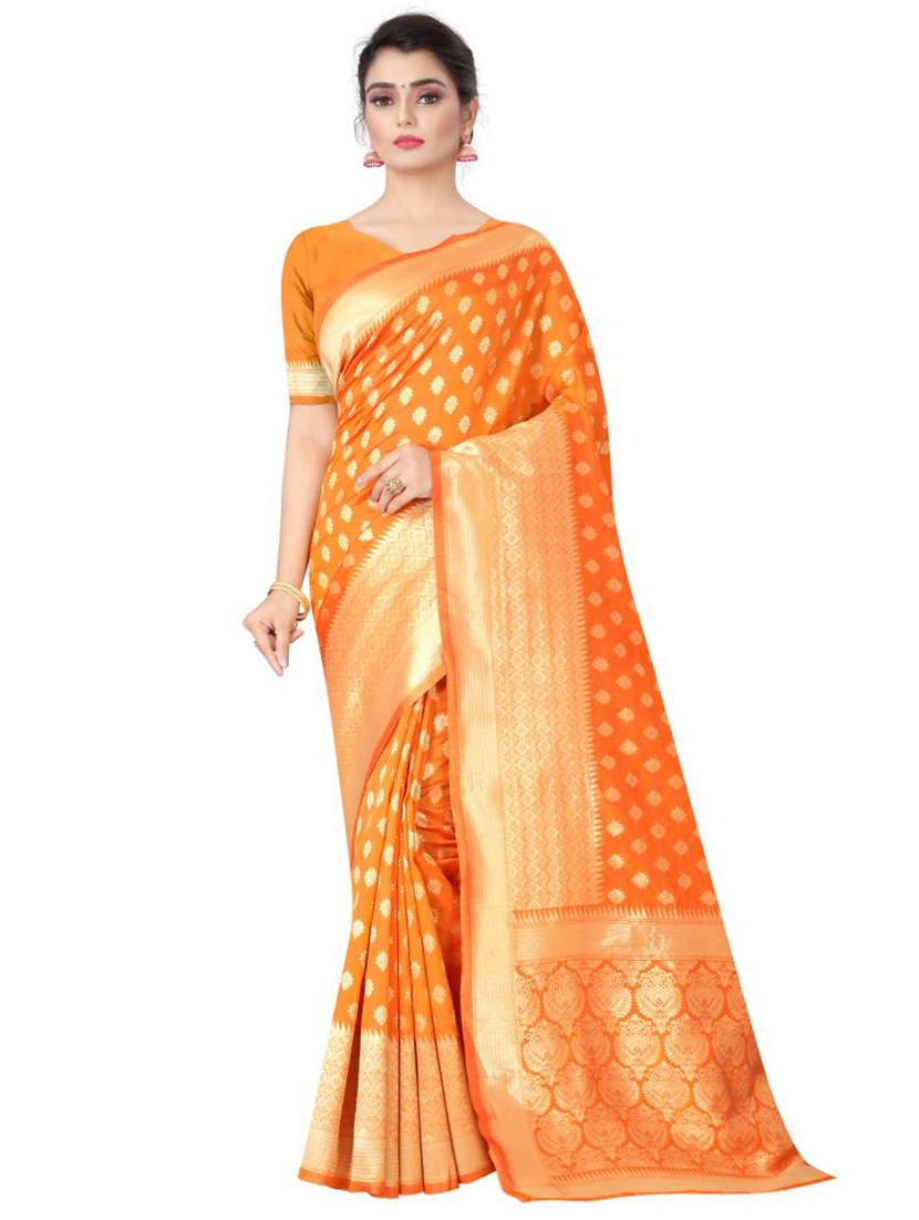 orange silk blend banarasi saree with blouse - 18371032 - Zoom Image - 0