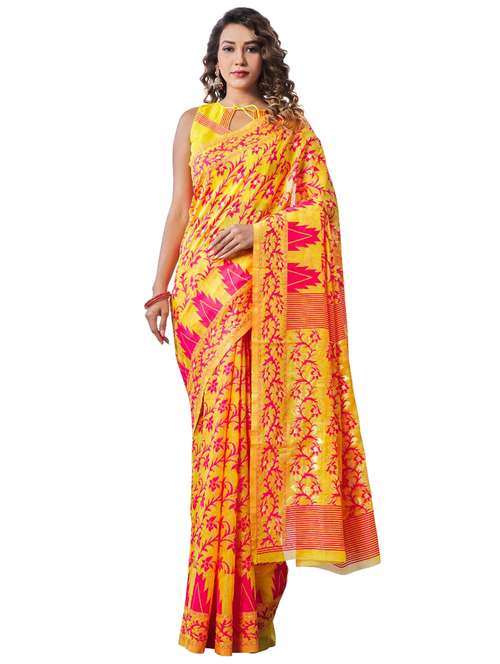 yellow cotton banarasi saree with blouse - 18371037 -  Standard Image - 0