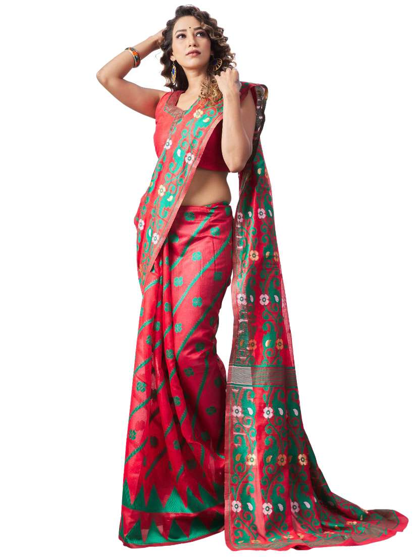 red cotton banarasi saree with blouse - 18371039 - Zoom Image - 0
