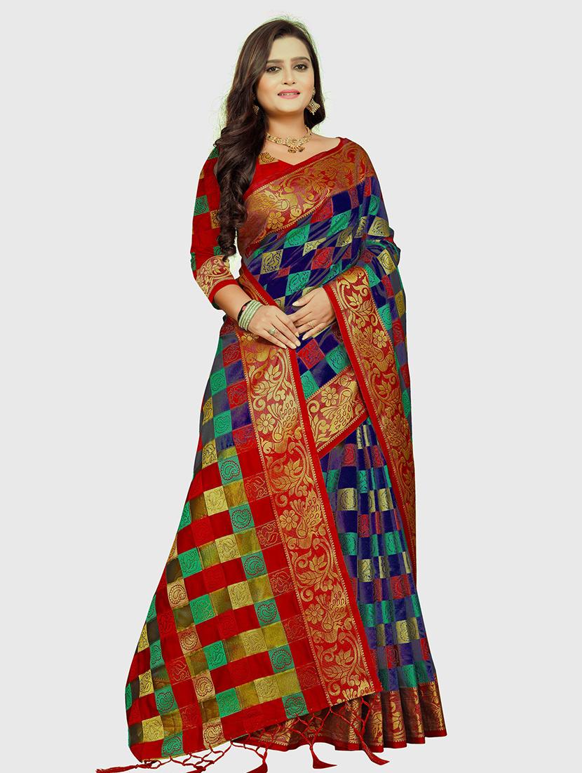 blue cotton silk kanjivaram saree with blouse - 18371117 - Zoom Image - 0