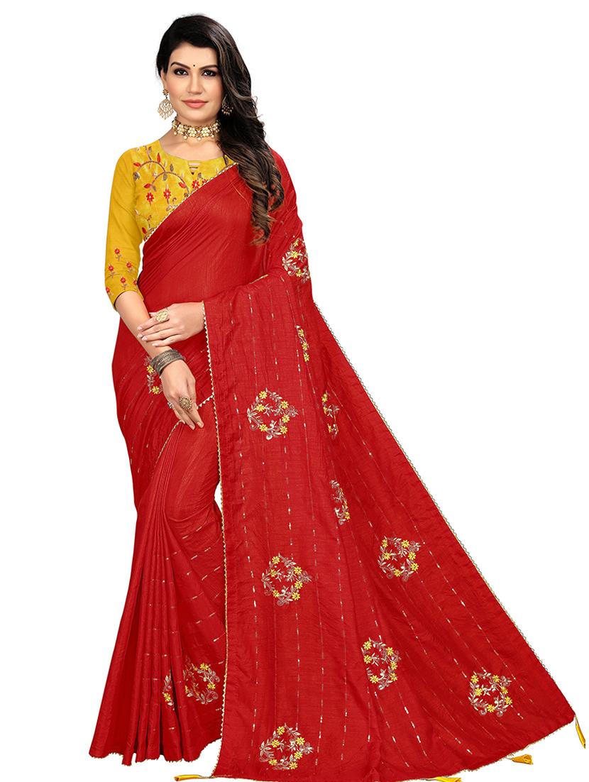 red embroidered saree with blouse - 18371123 - Zoom Image - 0