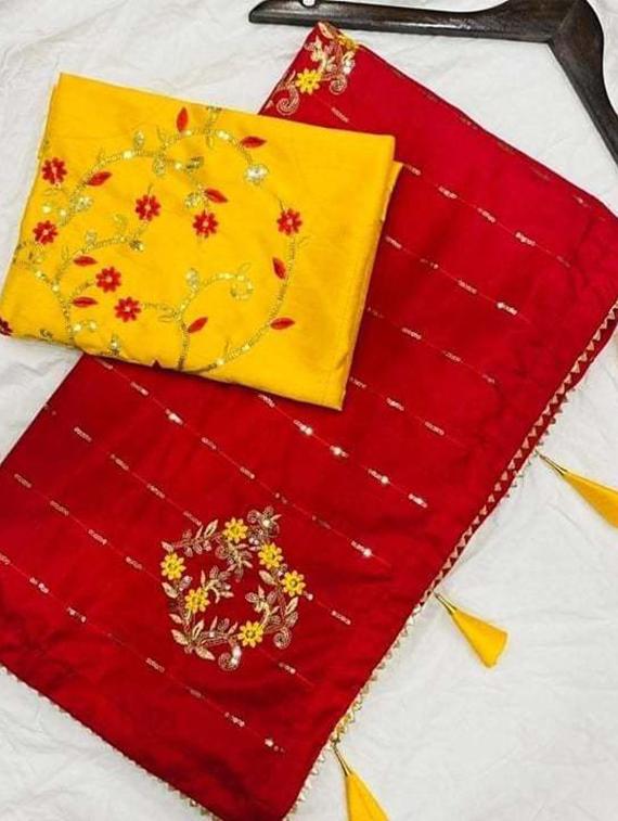 red embroidered saree with blouse - 18371123 - Standard Image - 3