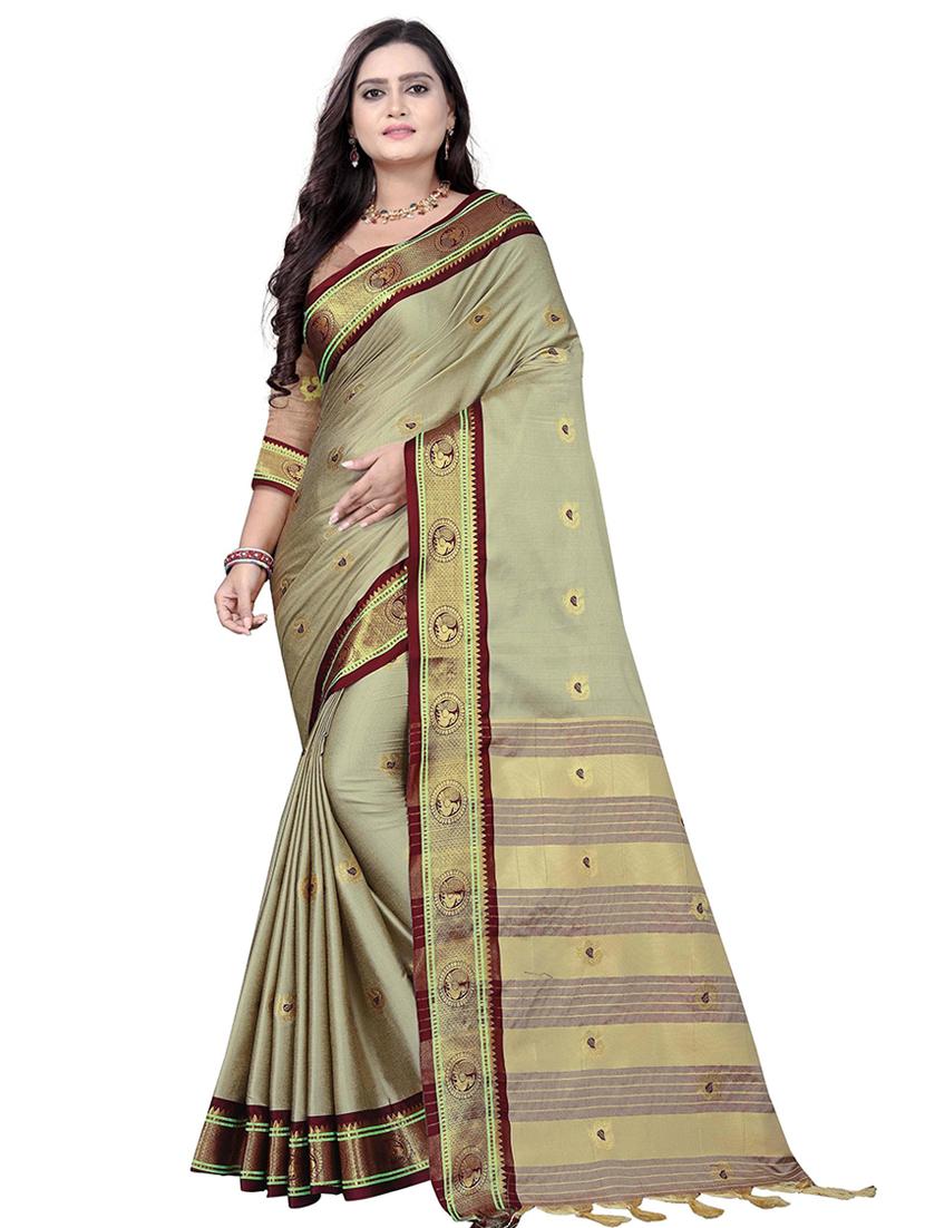 beige cotton silk kanjivaram saree with blouse - 18371200 - Zoom Image - 0