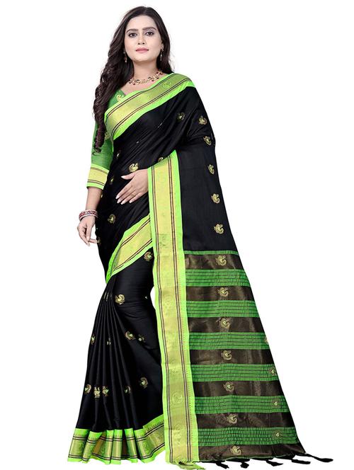 black cotton silk kanjivaram saree - 18371206 -  Standard Image - 0