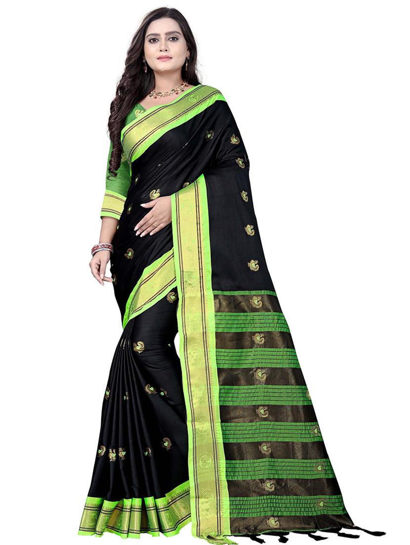 black cotton silk kanjivaram saree - 18371206 -  Zoom Image - 0