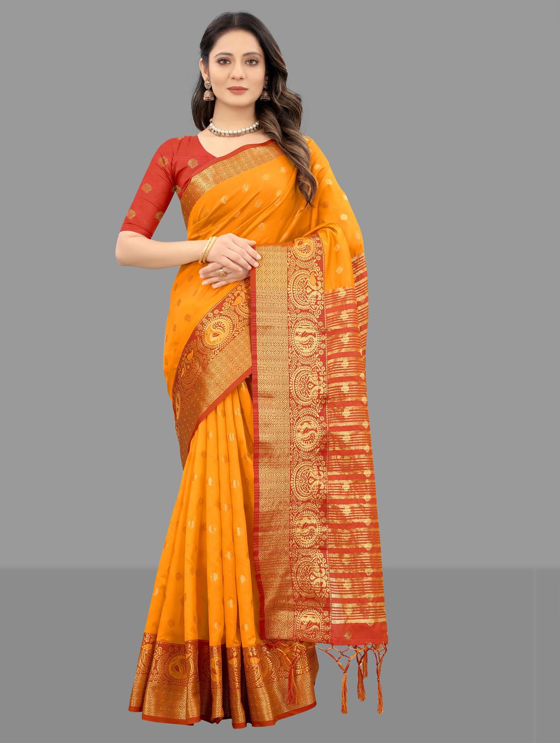 orange art silk kanjivaram saree with blouse - 18371250 - Zoom Image - 0