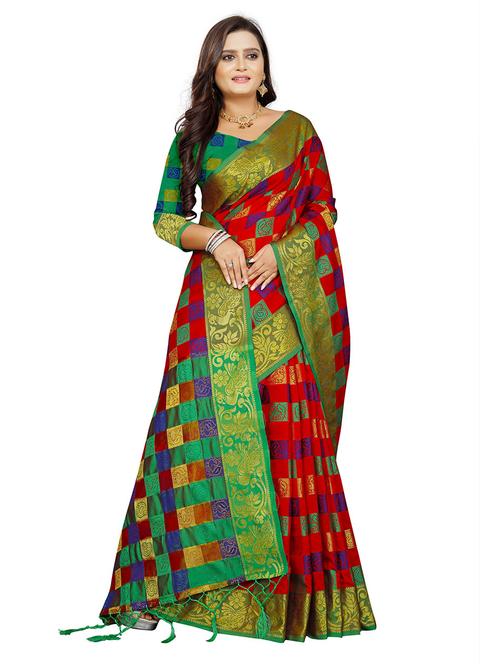 red cotton silk kanjivaram saree - 18371286 -  Standard Image - 0
