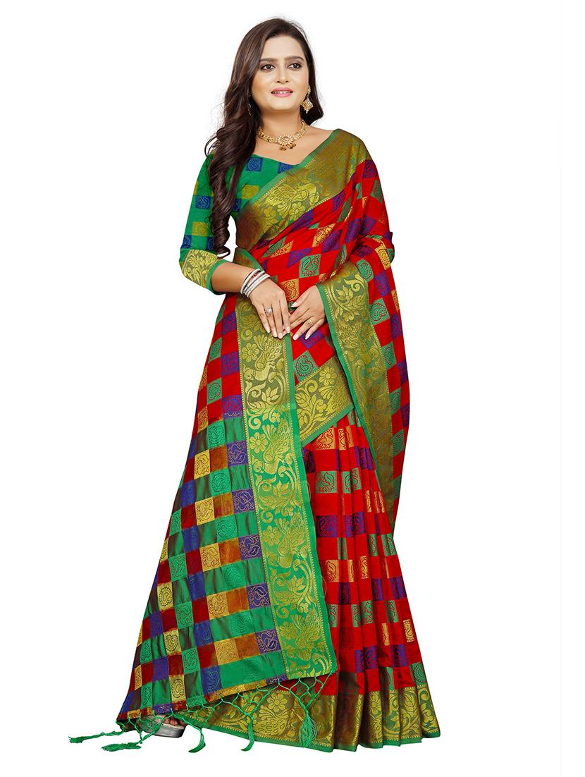 red cotton silk kanjivaram saree - 18371286 -  Zoom Image - 0