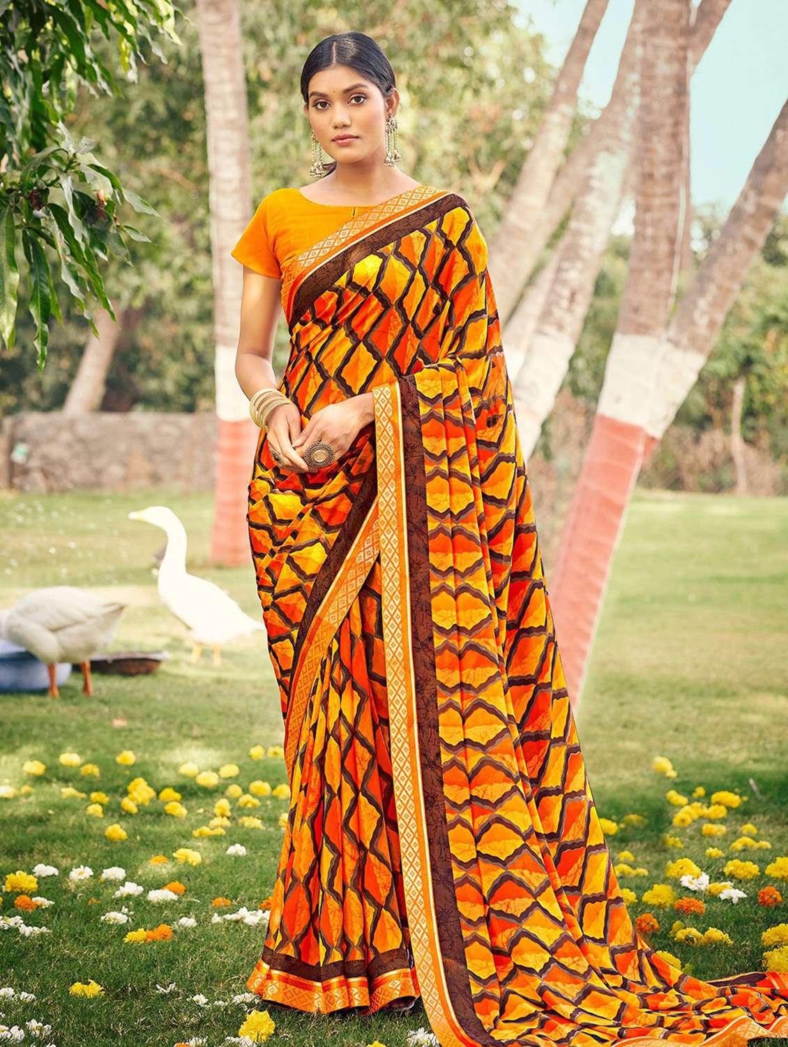 multi colored georgette printed saree with blouse