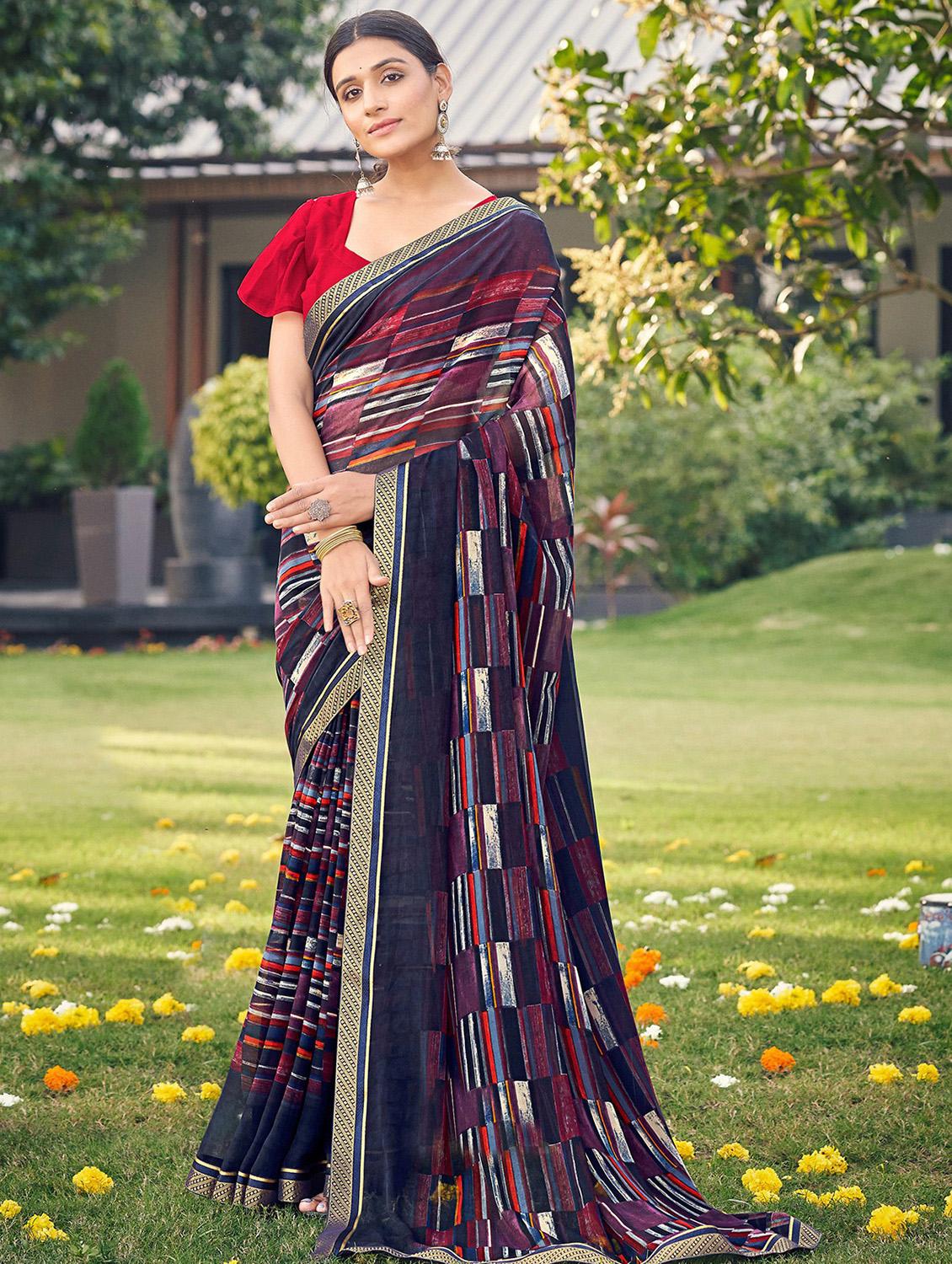 multi colored georgette printed saree with blouse