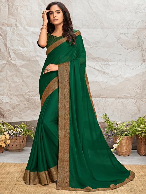 lace bordered solid saree with blouse - 18371425 - Standard Image - 0
